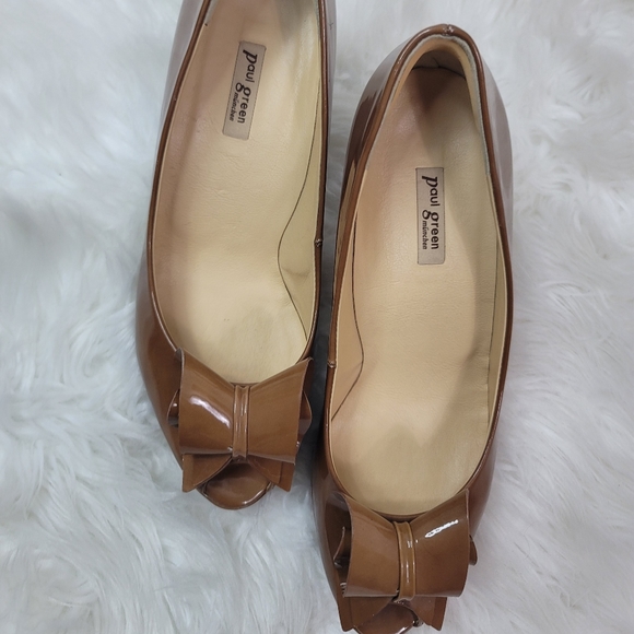 PAUL GREEN BOW OPEN TOE LUGGAGE BROWN PATENT HEEL PUMPS WOMENS SIZE 5.5 - Picture 14 of 16